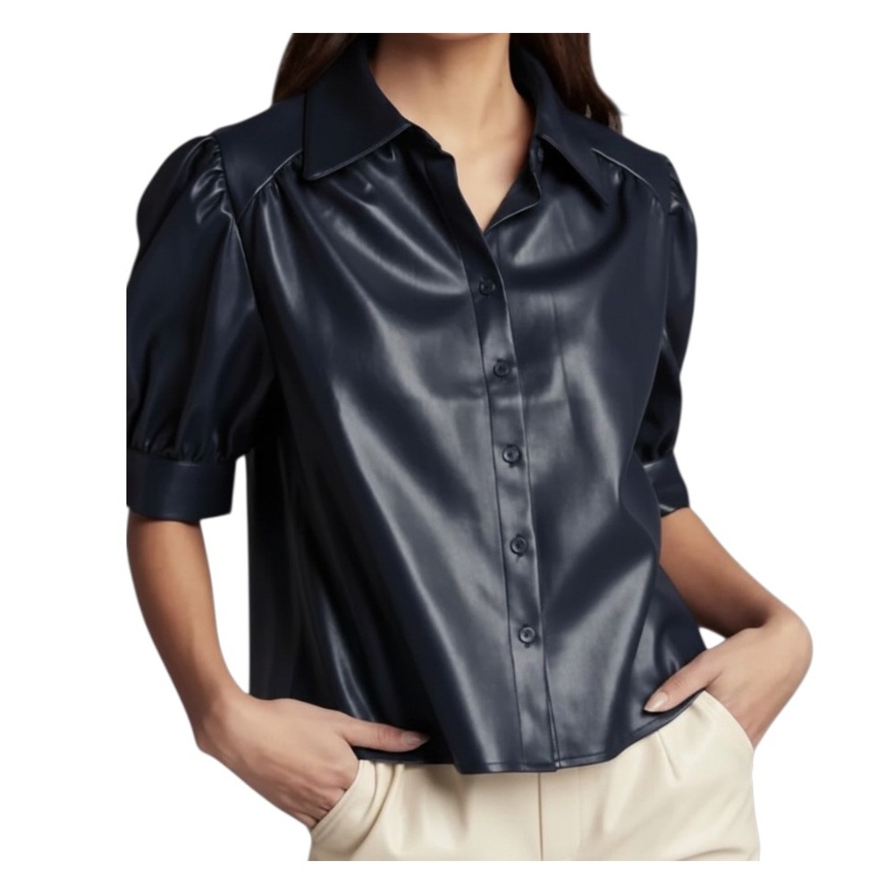 NWT Sundays Anthropologie GAEL SHIRT TOP Vegan Leather Navy PUFF SLEEVE Size S